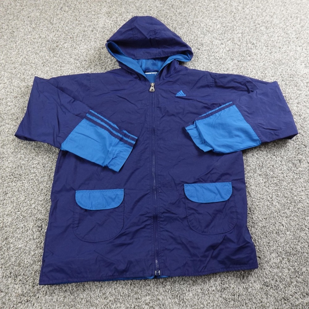 VTG Adidas Jacket Womens M Blue Hooded Track‎ Windbreaker Full Zip Coat 90s Y2K